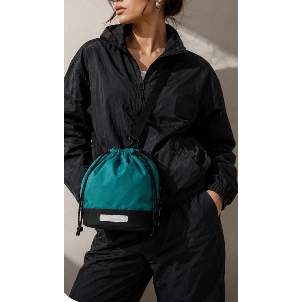 CorningWare Re-Generation Drawstring Bucket Bag Teal Black Crossbody Cinch Top